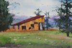 landscape, badlands, south dakota, shed, barn, rural, original watercolor painting, oberst